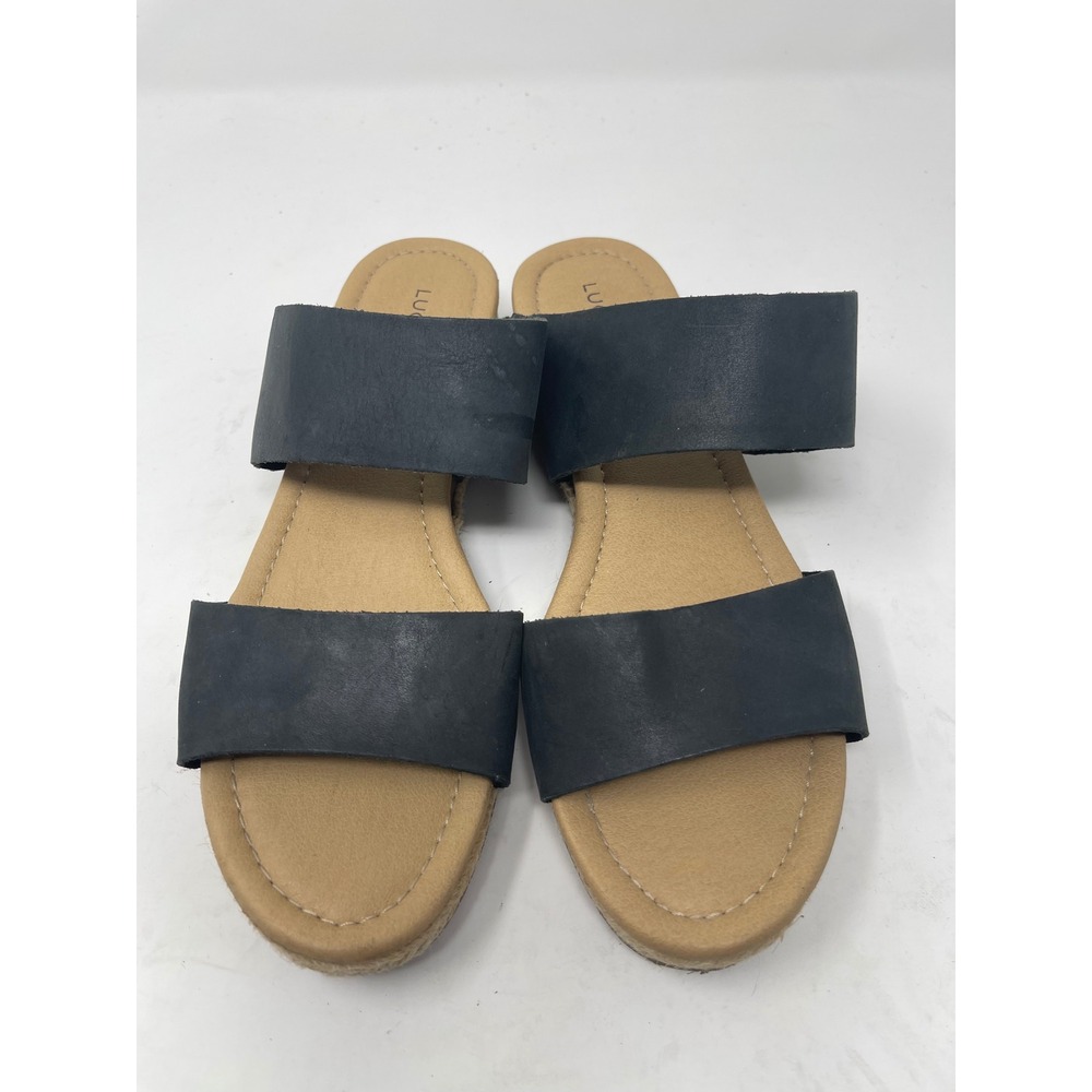 Lucky Brand Wyntor Wedge Sandals Women's 6.5 Black Leather Espadrille